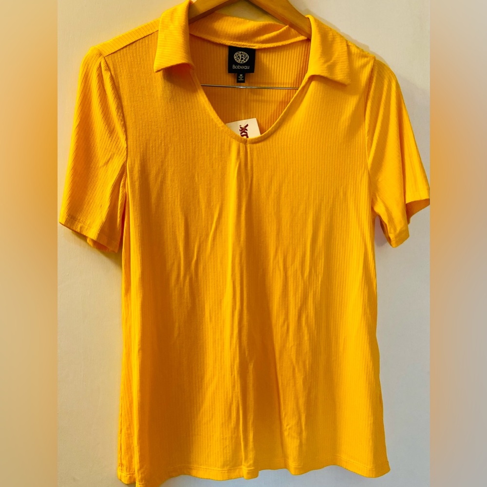 NWT Bobeau BRIGHT Saffron Yellow/orange V-neck Collared Pullover